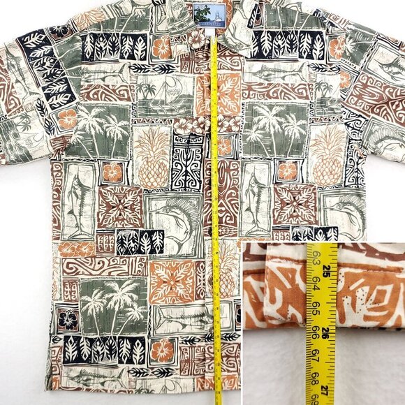 AFTCO Bluewater Hawaiian Shirt Polynesian Fishing Palm Trees Made USA Men Large - Picture 6 of 12